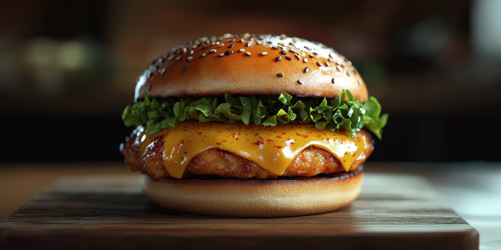 Juicy cheeseburger with crispy chicken patty and fresh greens on a wooden board prepared in a cozy kitchen